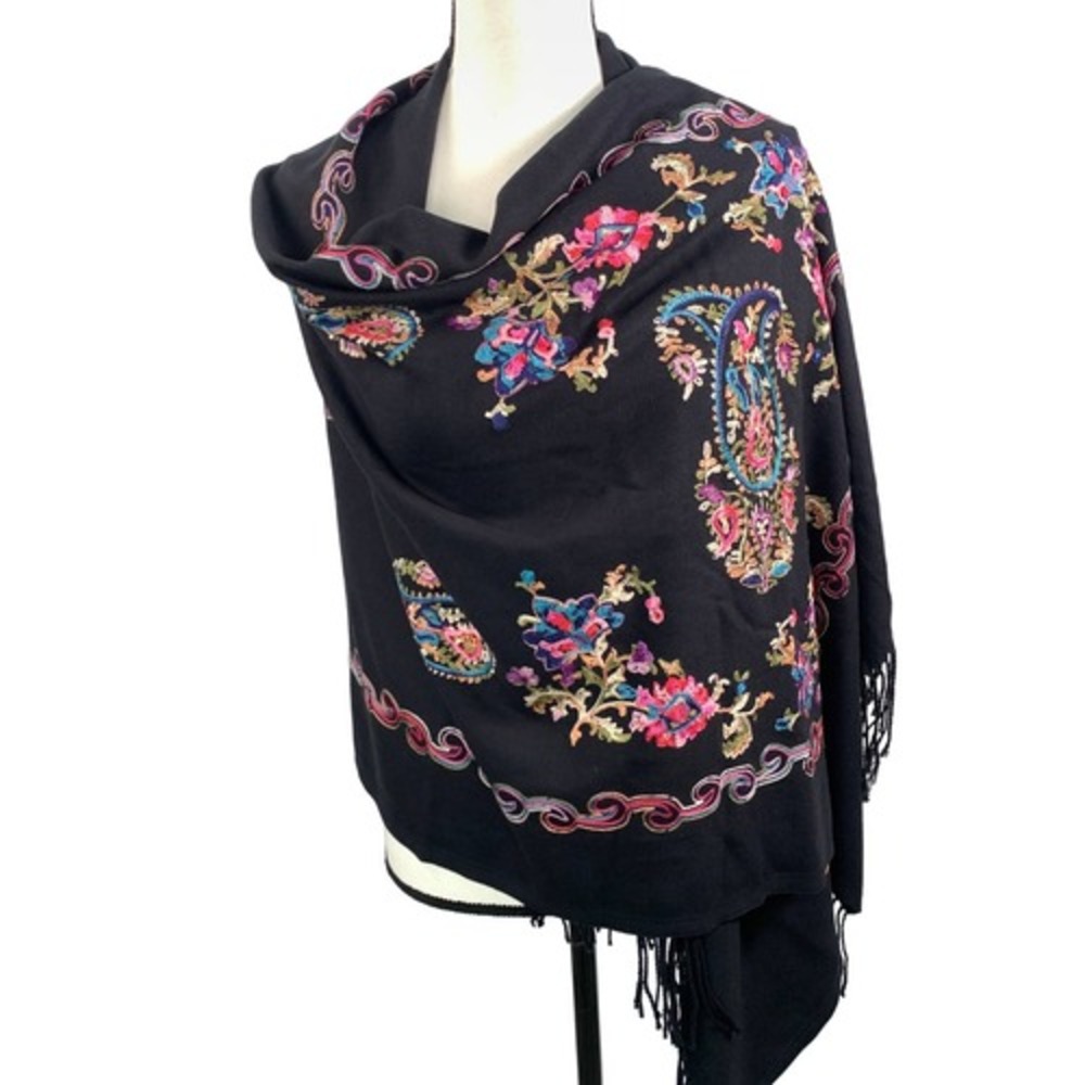 Black Hand Embroidered Cashmere Shawl